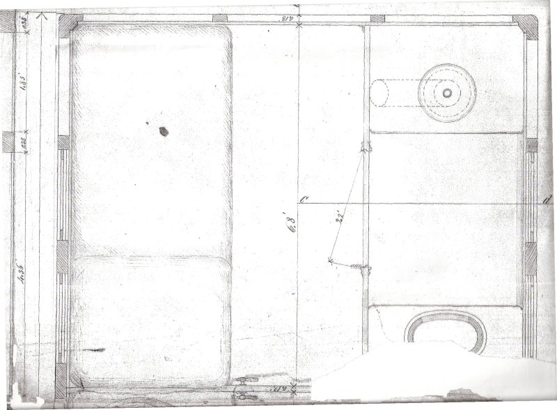 Bild Abb. 3. A.1. 2., Endabteil, oben: Bett, rechts unten Abort, links unten Waschtisch (Plan hier beschädigt), Mitte links Türe zum Salon