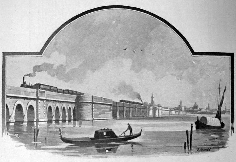 Bild Abb. 2: Eisenbahnbrücke über die Lagunen bei Venedig. Aus [5], S.216 Abb.200.