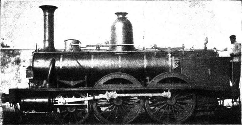 Bild Abb. 10: 1B-Personenzuglokomotive Reihe 6 der Südbahn, Parent & Schaken, Lille 1857/58. Es könnte sich um die Bahn-Nr. 74, ex. Nr. 94, später SFAI 424 bzw. RA 204 handeln. Aus [8], S.251.
